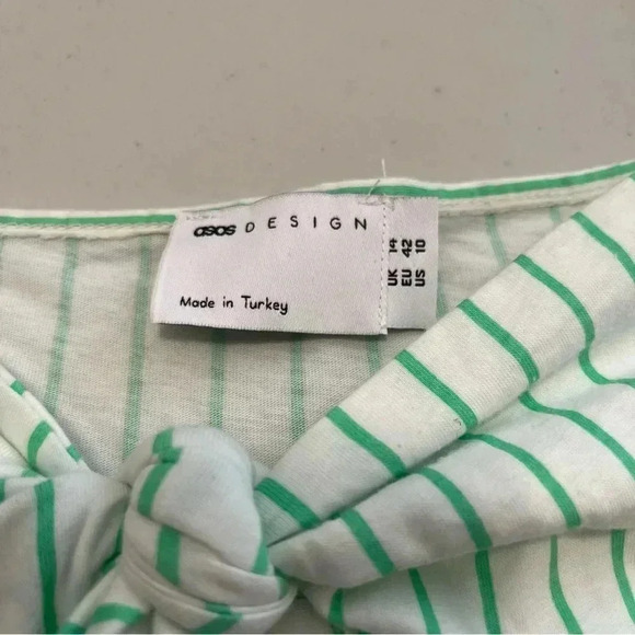 ASOS DESIGN bow front mini dress in green and white stripe puff sleeves Size 10 - Picture 8 of 10